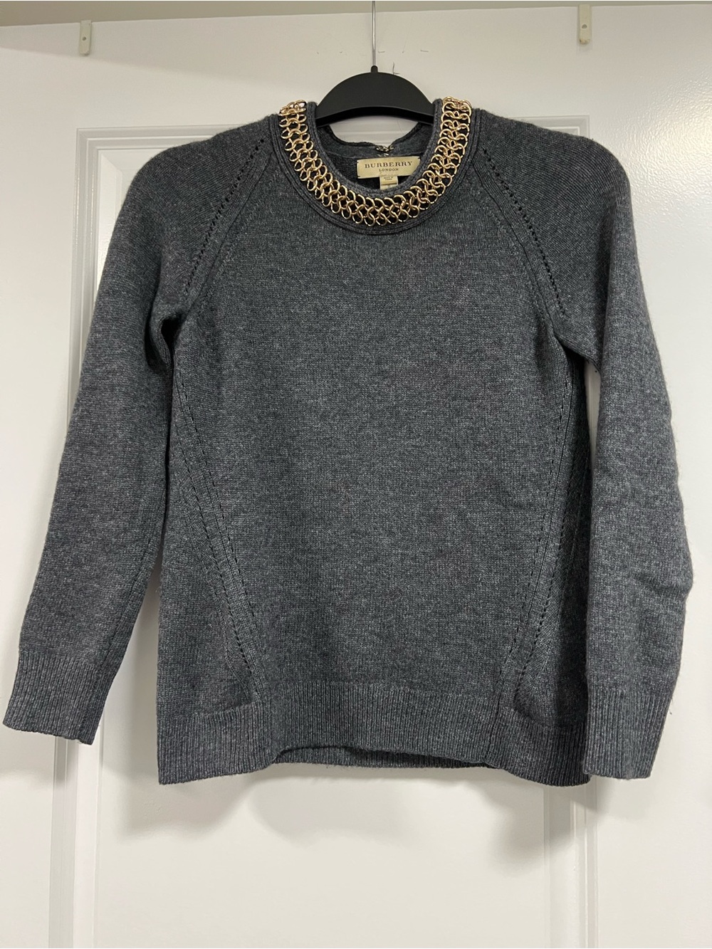 Burberry Dark Gray Crewneck Sweater with Gold Chain Trim